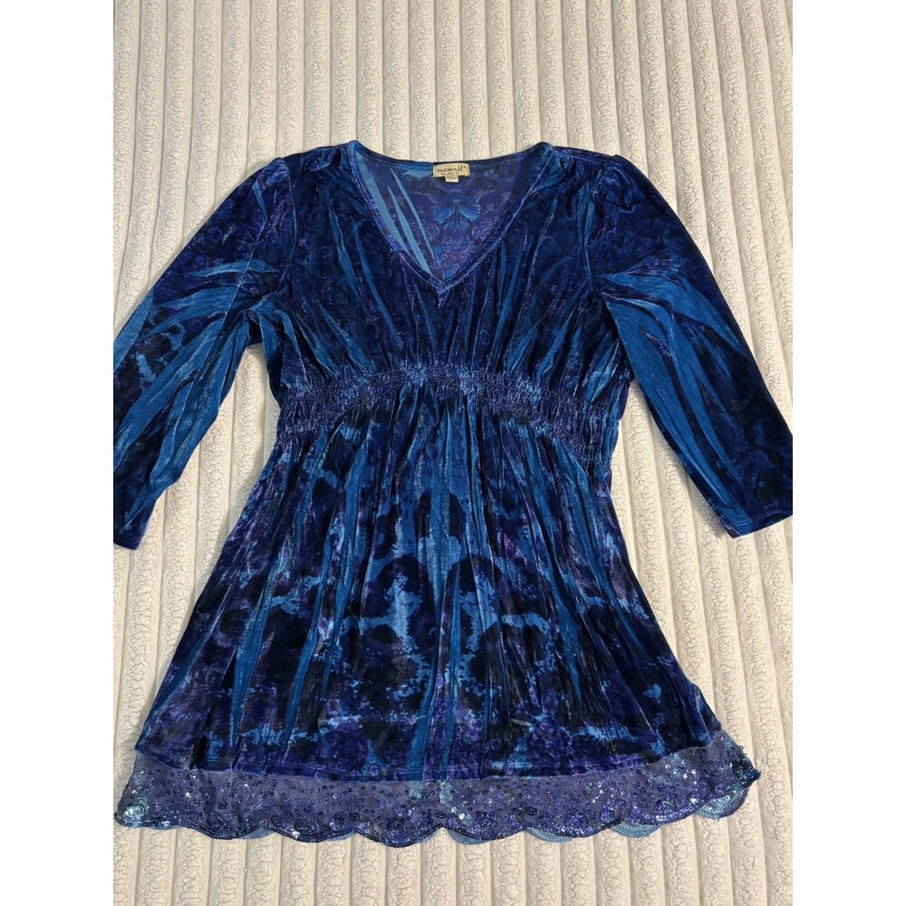 One world long sleeve velour v neck babydoll blouse top women’s XL blue purple